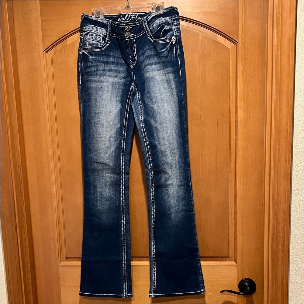 Wallflower Dark Blue Bootcut Jeans with Whiskered Fade